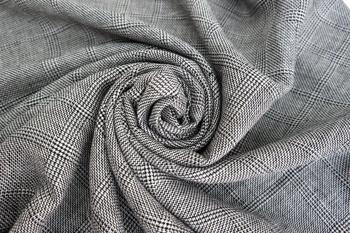 100% Linen Fabric Natural Black Windowpane Plaid Twill Medium Weight - The Linen Lab - Grey
