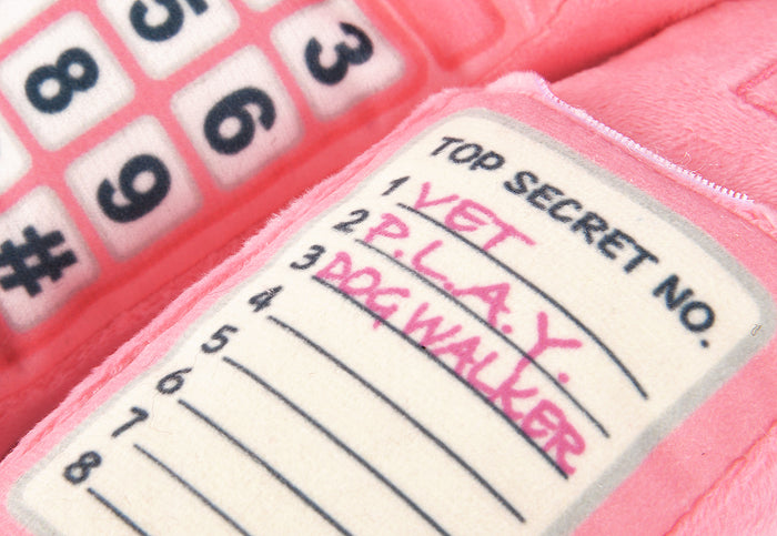 P.L.A.Y. 80s Classic Paw Talk Toy - close up of text on inside of phone