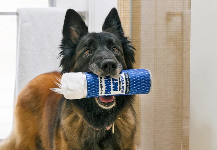P.L.A.Y. 80s Classic Pawqua Net Toy - in big dog's mouth in bathroom