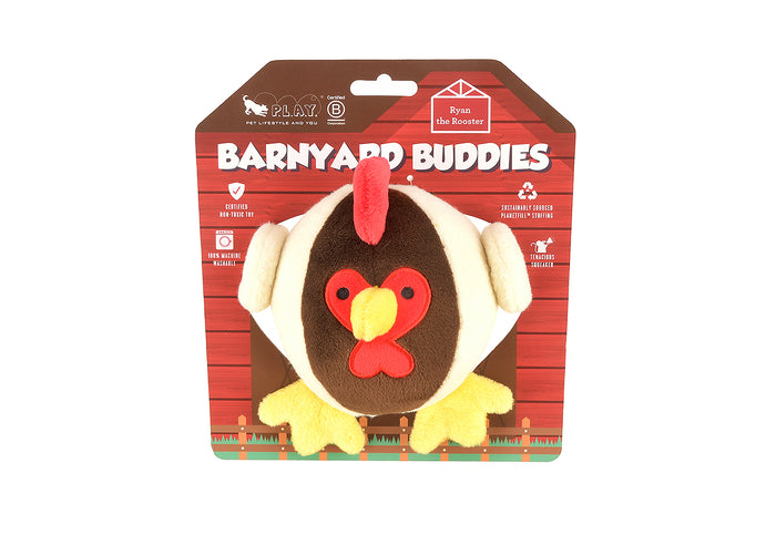 P.L.A.Y. Barnyard Buddies Ryan the Rooster - packaging shown with toy on barn-themed backer card