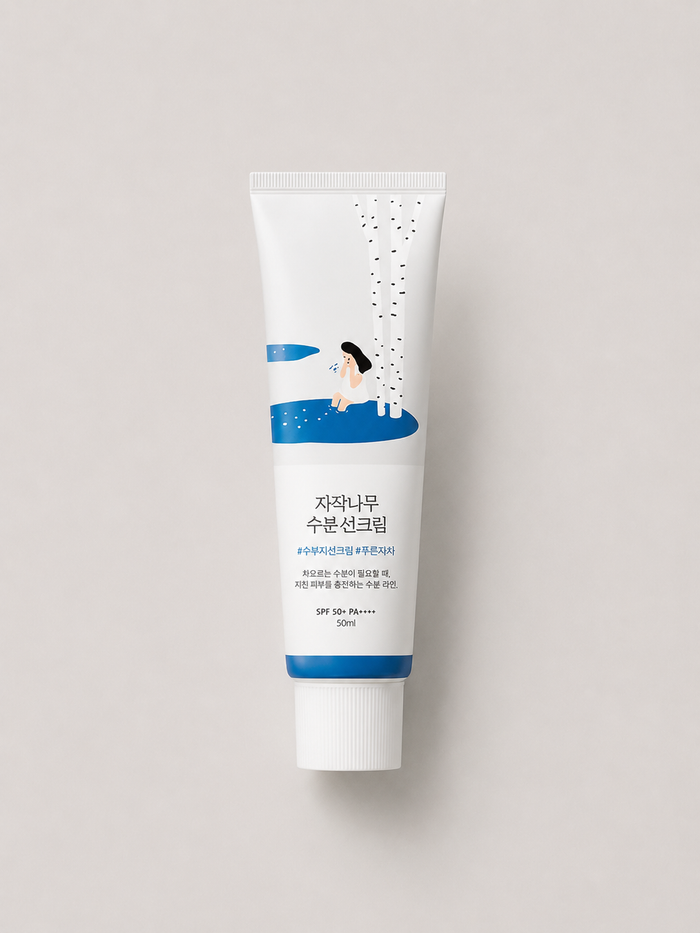 A korean skincare sunscreen - Round Lab Birch Juice Moisturizing Sunscreen, SPF 50+ in a white tube with blue accents and Korean text, photographed upright against a plain light gray background. 50 ml.