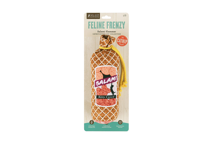 P.L.A.Y. Feline Frenzy Salami Slammer Kicker Toy in packaging on a white background