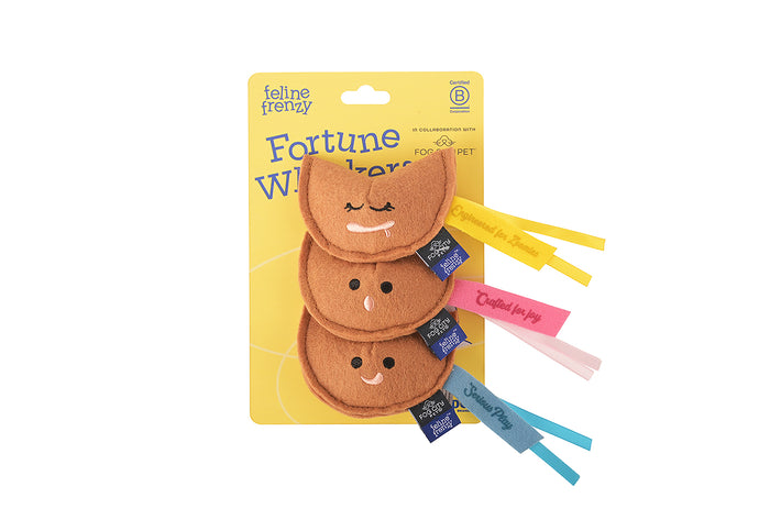 Fog City Pet x Feline Frenzy Fortune Whiskers toys in packaging on a white background