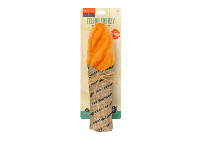 Feline Frenzy Fog City Pet x P.L.A.Y. Fur-mented Loaf Kicker Toy in packaging on white background
