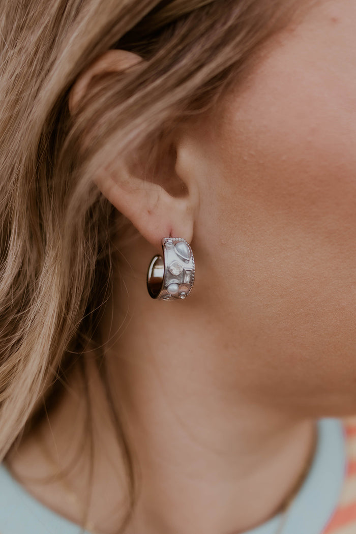 Geometric Stone & Pearl Hoop Earrings- Silver