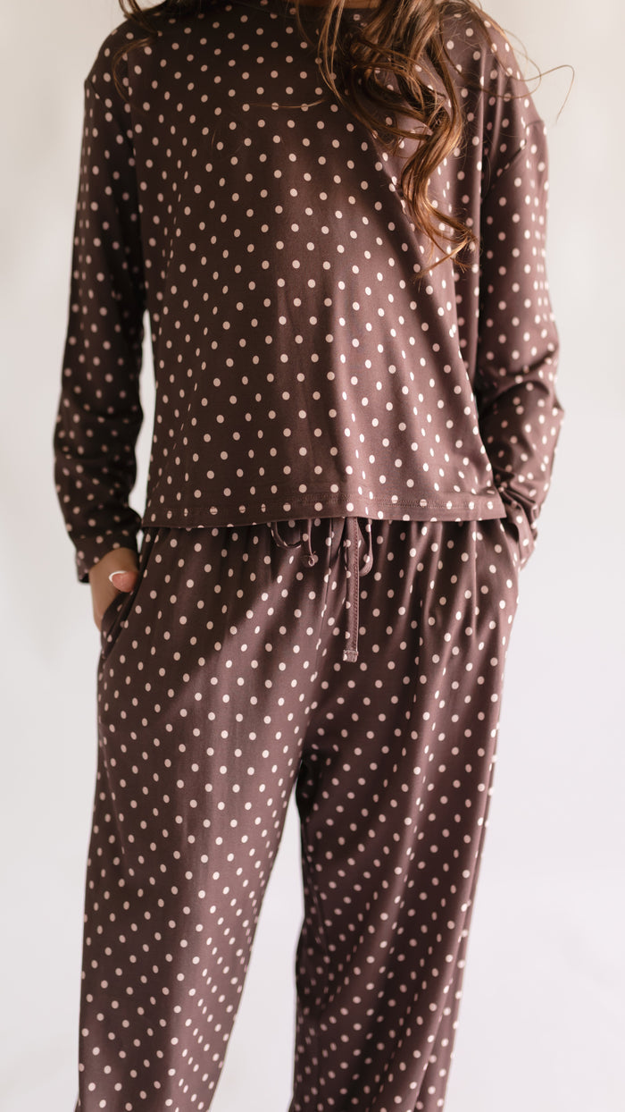 Girl's Long Sleeve and Pants Set in Brown & Pink Polka Dot