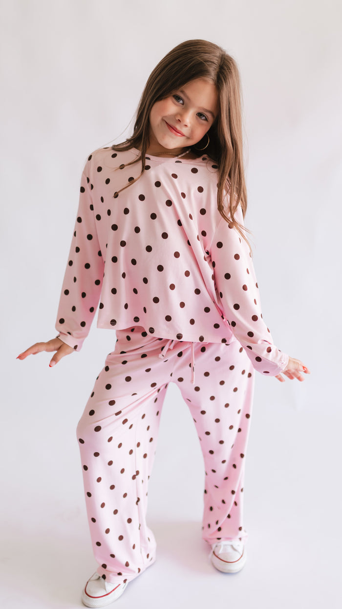 Girl's Long Sleeve and Pants Set in Pink & Brown Polka Dot