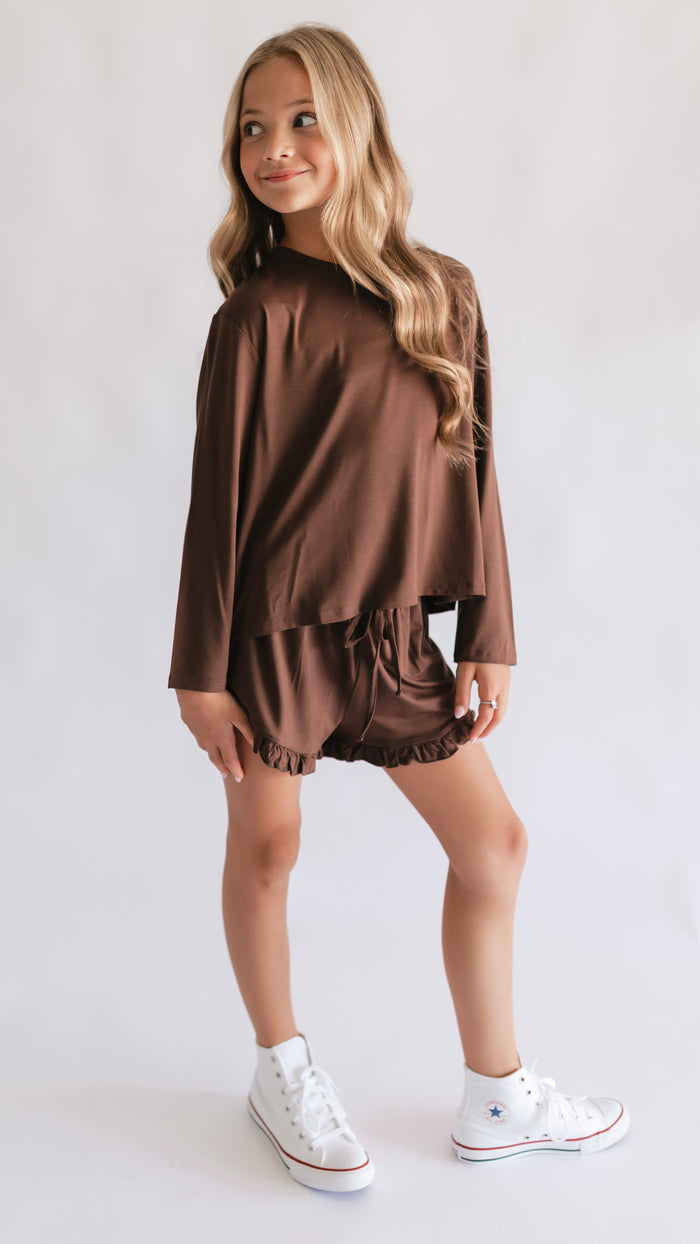Girl's Long Sleeve and Ruffle Shorts Set in Chocolate Brown