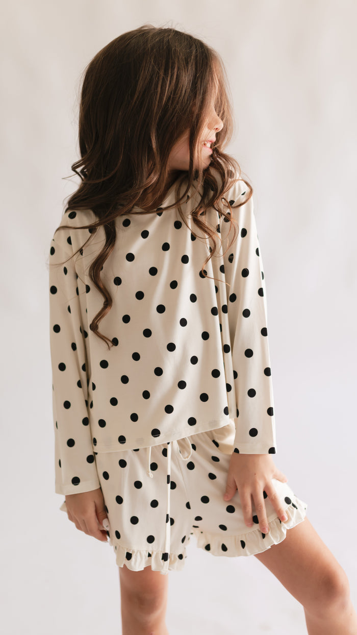 Girl's Long Sleeve and Ruffle Shorts Set in Cream & Black polka dot
