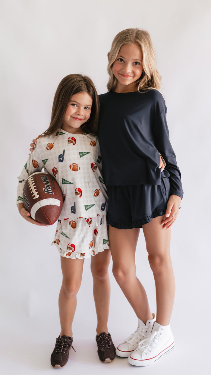 Girl's Long Sleeve and Ruffle Shorts Set in Navy