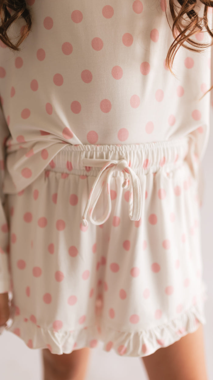 Girl's Long Sleeve and Ruffle Shorts Set in White & Pink Polka Dot