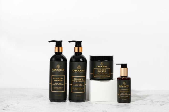 GODDESS HAIR ELIXIR KIT (3) Goddess Repairing Conditioner & Repairing Shampoo 16.9 fl.oz + mascarilla