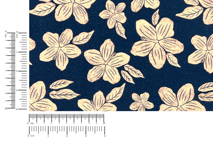 Hawaiian-Inspired Floral Print Fabric – Navy & Beige | Ramie Cotton Satin Weave, Pre-Washed 8275