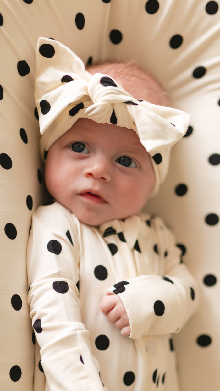 Infant Knot Head Bow in Cream & Black polka dot