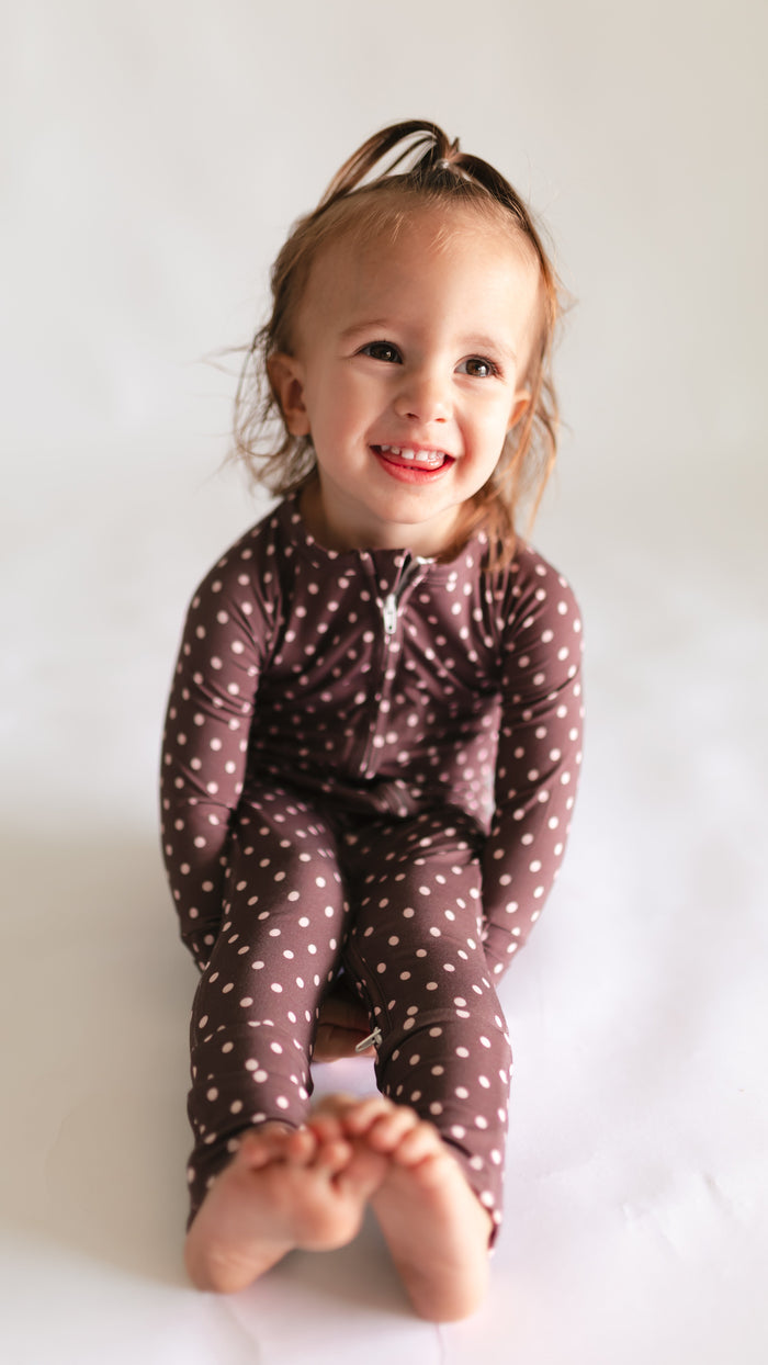 Infant Romper in Brown & Pink Polka Dot