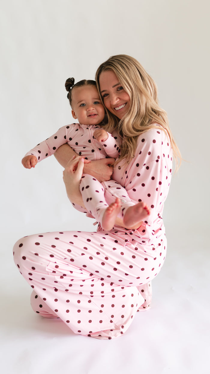 Infant Romper in Pink & Brown Polka Dot