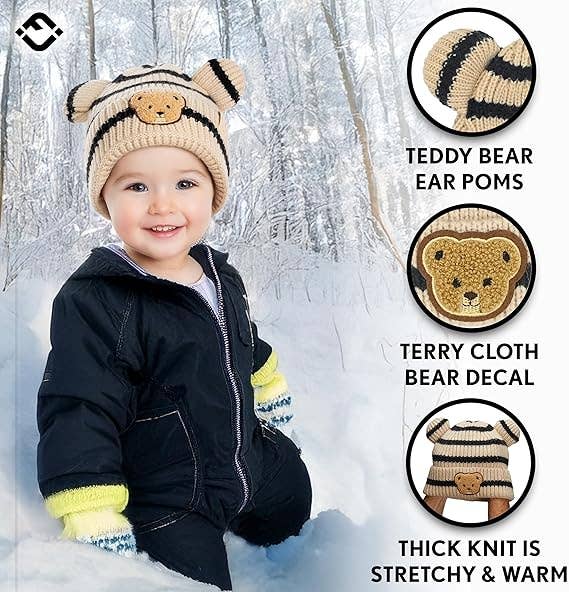Infant Teddy Bear Ears Beanie - Striped - Beige