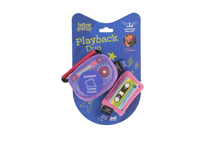 Jackson Galaxy x Fellne Frenzy Playback Duo pet toy set in its original packaging, featuring a purple catnip boombox and a pink cassette tape toy.