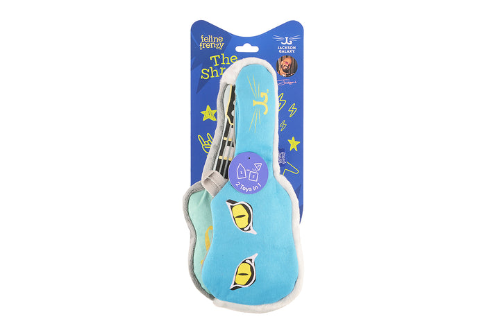 Jackson Galaxy x Feline Frenzy The Shredder Kicker Toy shown on packaging on a white background