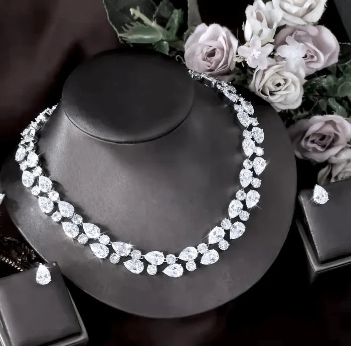 Statement CZ Bridal Necklace & Earring Set in Silver - Melody