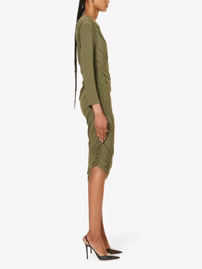 NORMA KAMALI Diana Ruched Long Sleeve Green Midi Dress - House Of Huntington