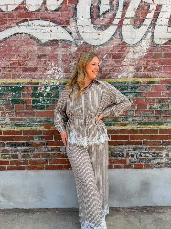 Petal & Pinstripe Tie Waist Top- Mocha