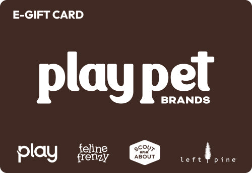 Play Pet Brands e-gift card with brand logos on a brown background