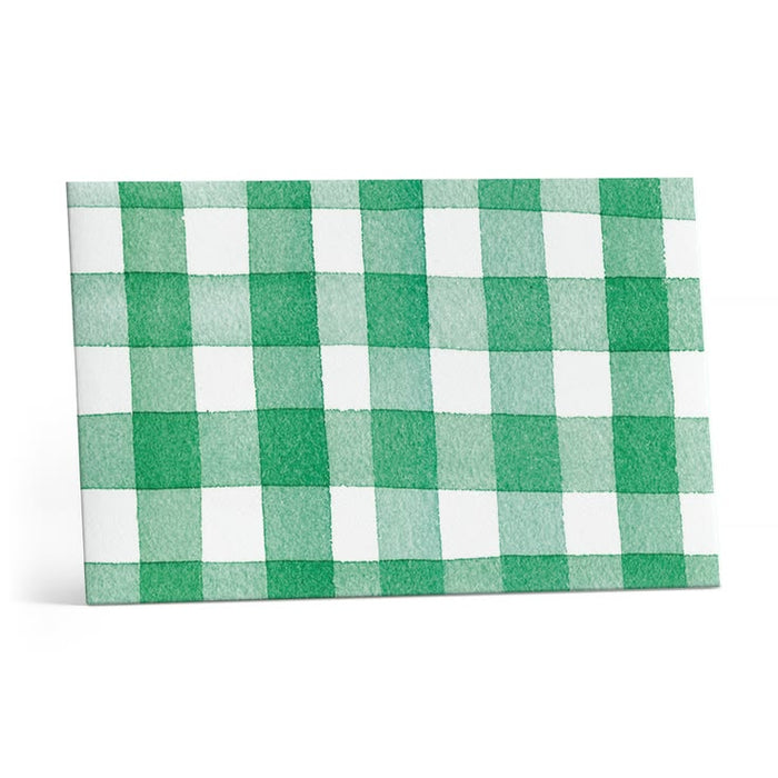 A rectangular canvas print featuring a green and white watercolor gingham check pattern, shown standing upright against a plain white background.
