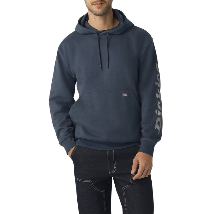 Navy hoodie with drawstring, front kangaroo pocket, and text logo down the left sleeve.