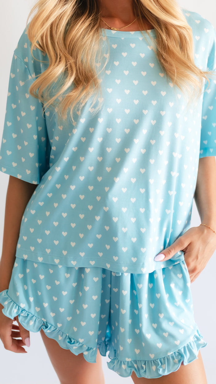 Women’s Ruffle Short Set in Blue Hearts