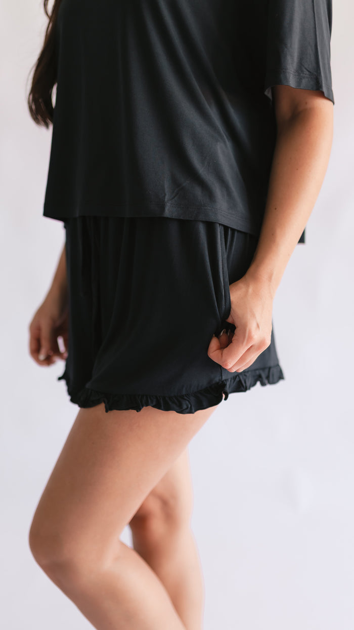 Women’s Ruffle Short Set in Solid Black