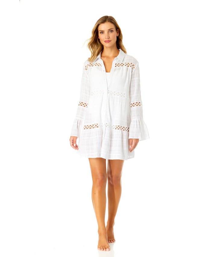 Women's White Bell Sleeve Crochet Trim Cover Up