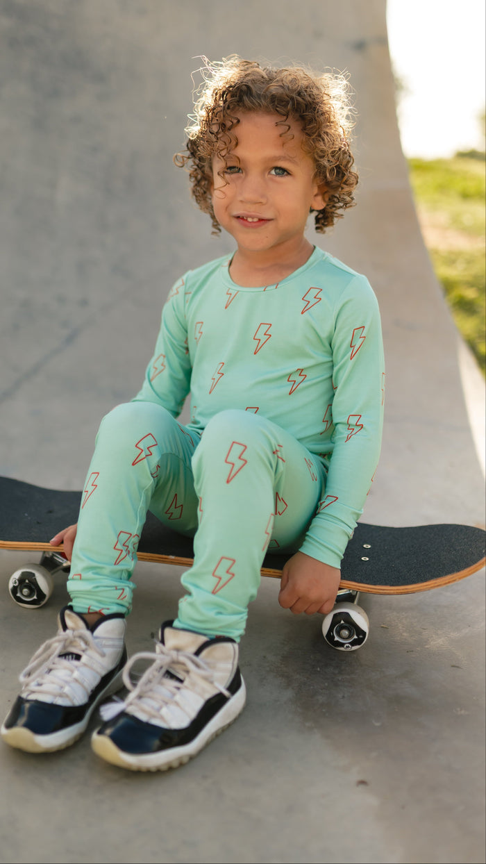 Youth Pajama Set in Teal Lightning