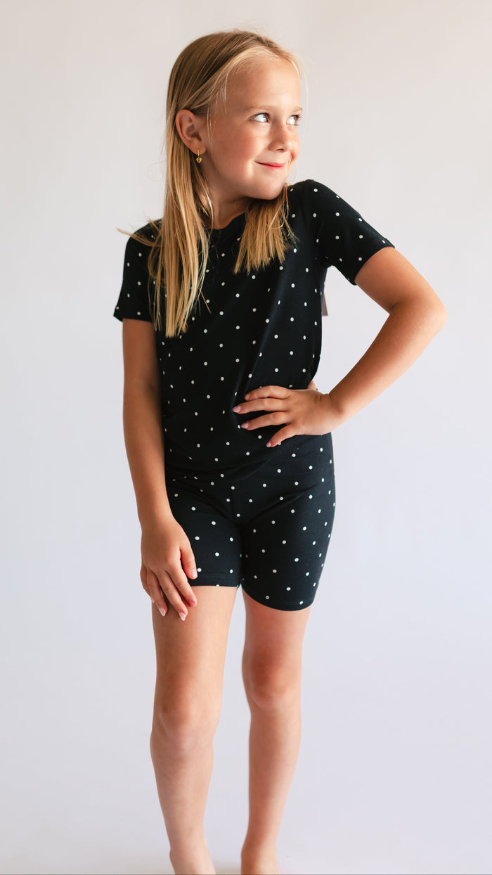 Youth Pajama short sleeve and shorts in Black and white polka dot