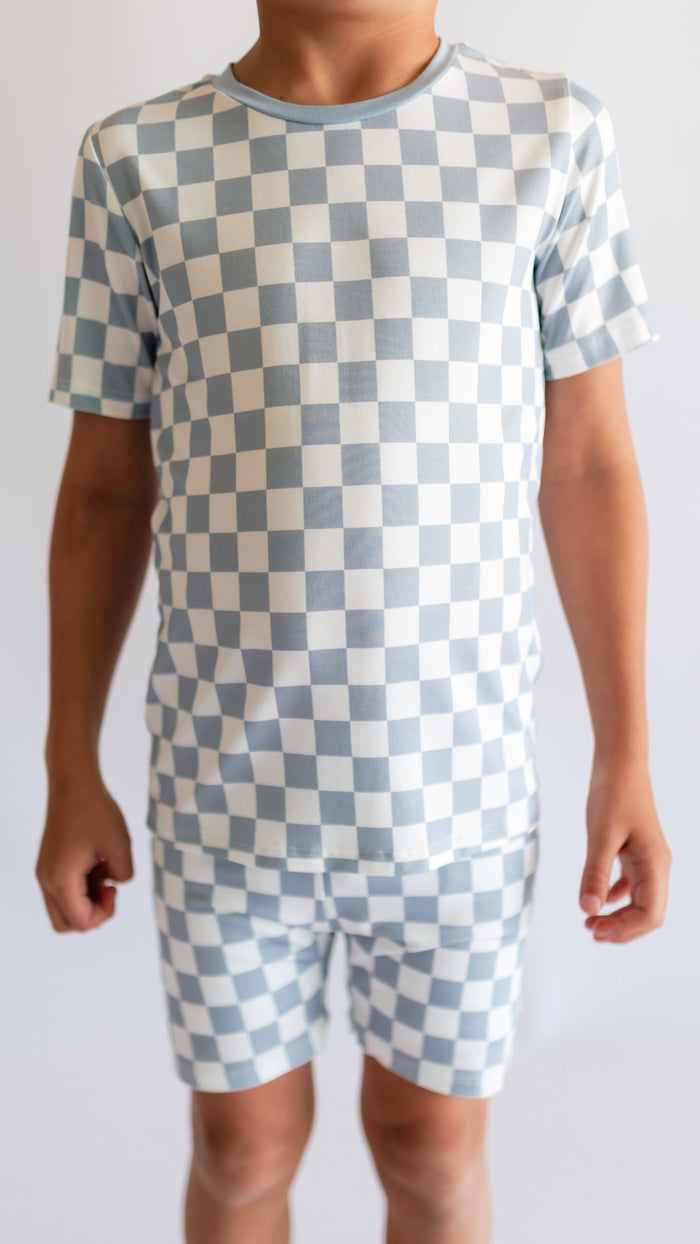 Youth Pajama short sleeve and shorts in Cornflower blue checkered