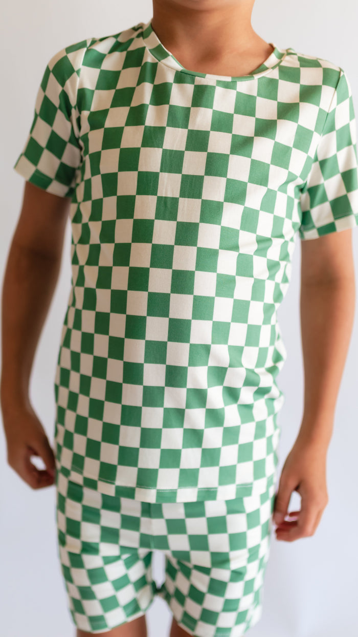 Youth Pajama short sleeve and shorts in Green Checkered