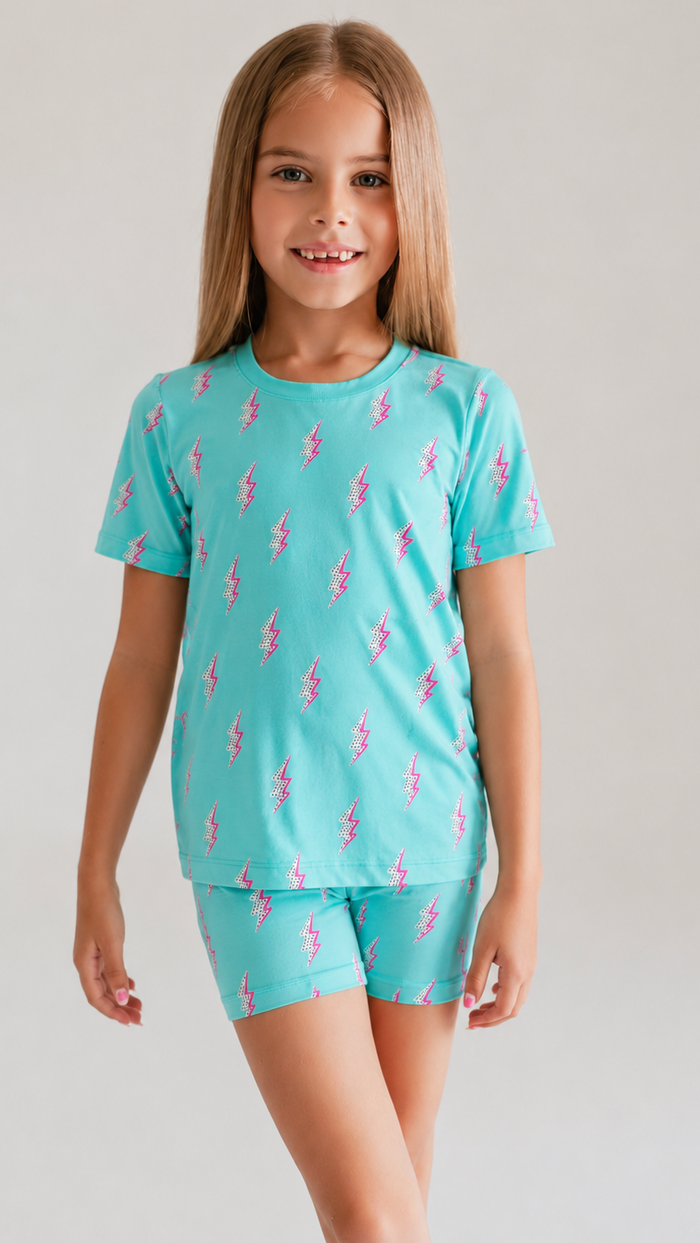 Youth Pajama short sleeve and shorts in Neon Bolts