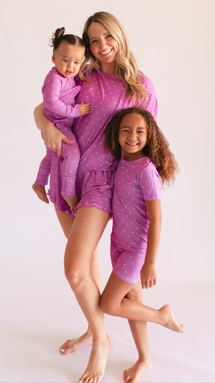 Youth Pajama short sleeve and shorts in Neon Purple Polka Dots