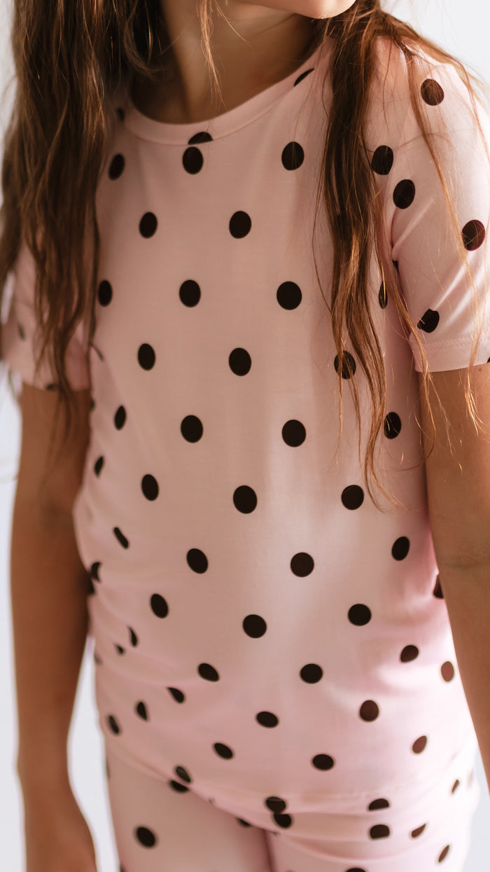 Youth Pajama short sleeve and shorts in Pink and brown poika dot