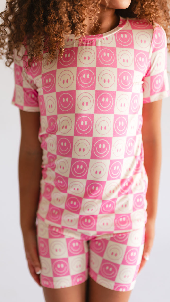 Youth Pajama short sleeve and shorts in Pink Checkered Smiley