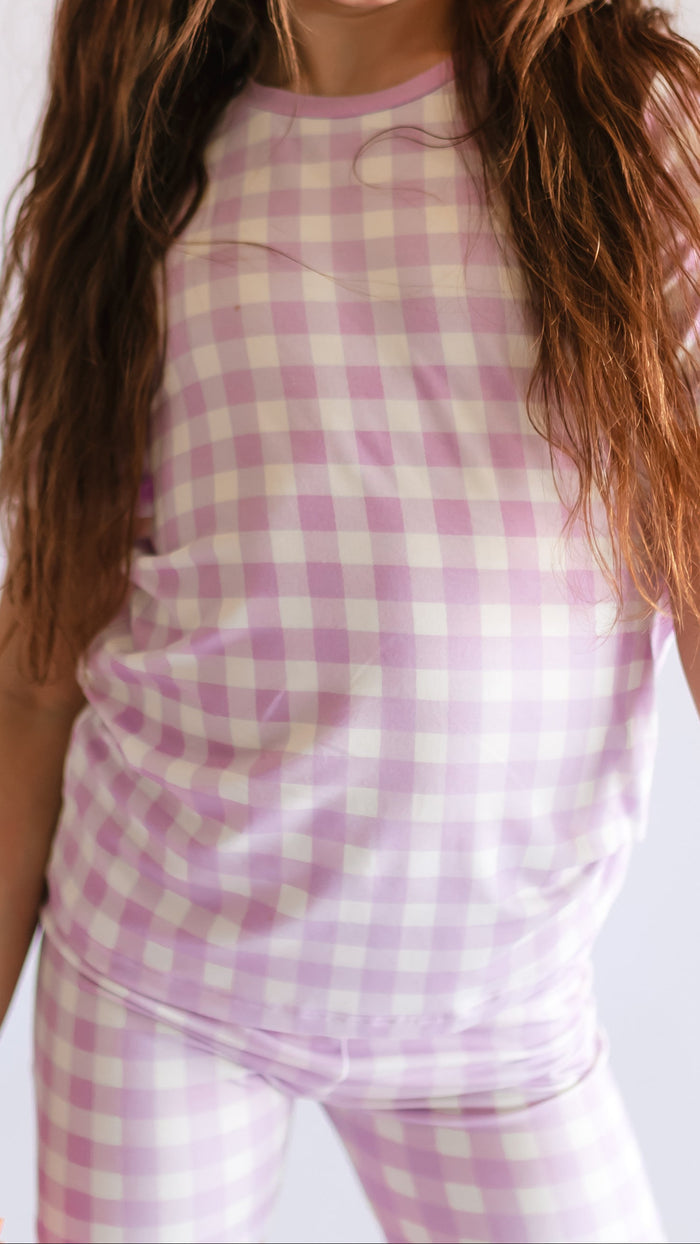 Youth Pajama short sleeve and shorts in Purple Gingham