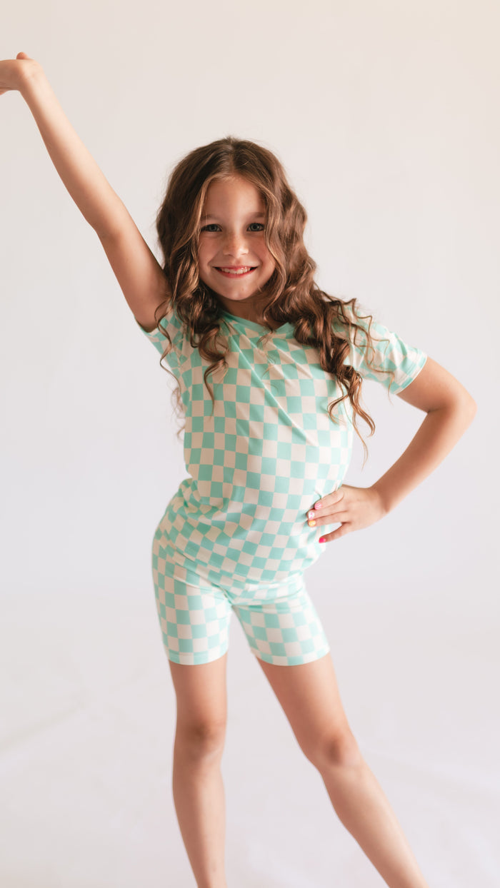 Youth Pajama short sleeve and shorts in Teal Neon Checkered