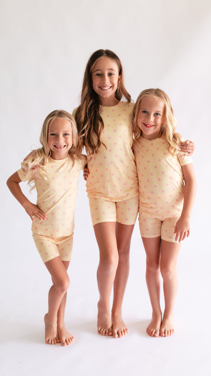 Youth Pajama short sleeve and shorts in Yellow Polka Dot