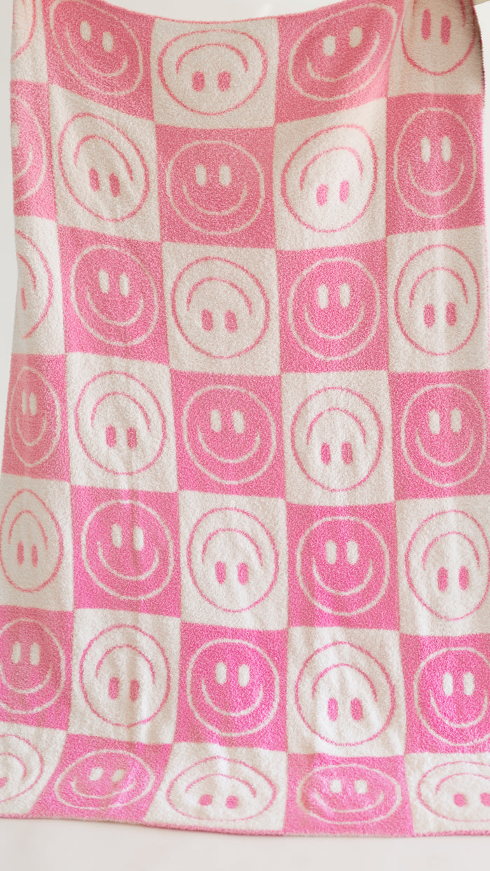 Youth Plush Throw Blanket in Pink Checkered Smiley