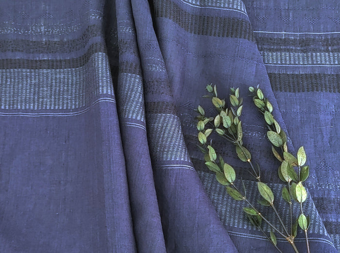 100% Linen Jacquard Fabric with Navy Horizontal Stripes and Unique Weaving Structure 4883 - The Linen Lab - Navy