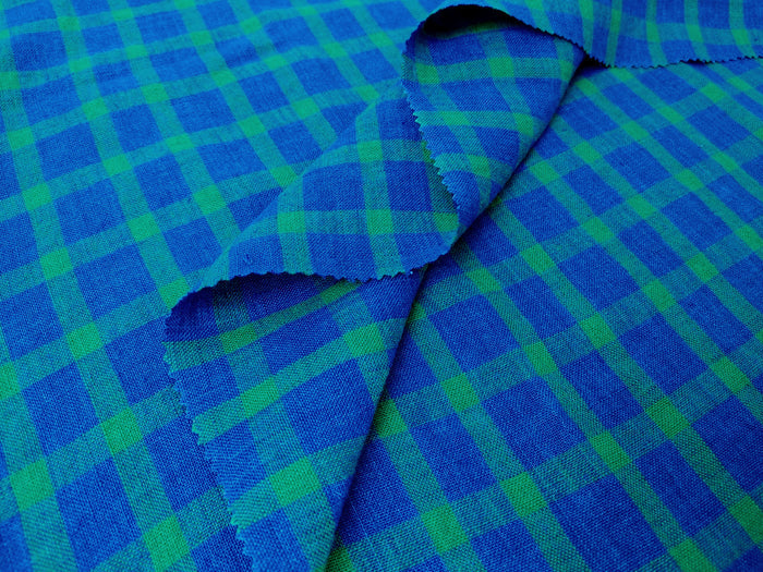 100% Linen Blue-Green Gingham Check Fabric – Vintage Delave Dyed 7567