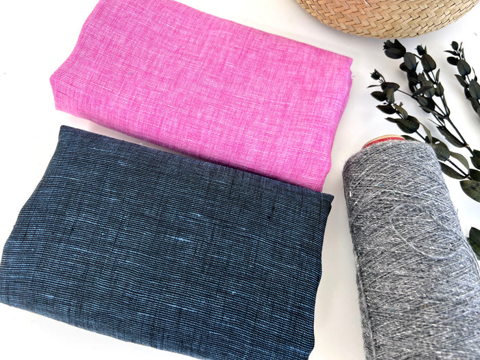 100% Linen Dot Chambray Fabric - Soft Blue & Grey, Fine 21s Yarn Navy 4421