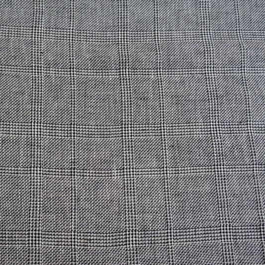 100% Linen Fabric Natural Black Windowpane Plaid Twill Medium Weight - The Linen Lab - Grey