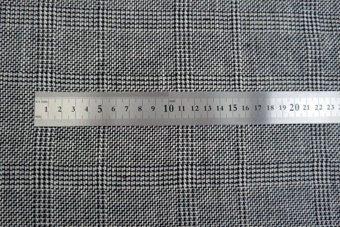 100% Linen Fabric Natural Black Windowpane Plaid Twill Medium Weight - The Linen Lab - Grey