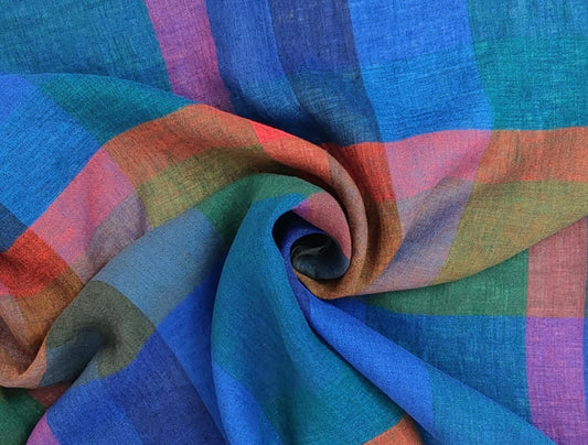 100% Linen Multi Color Big Plaid Fabric Light Weight 7167